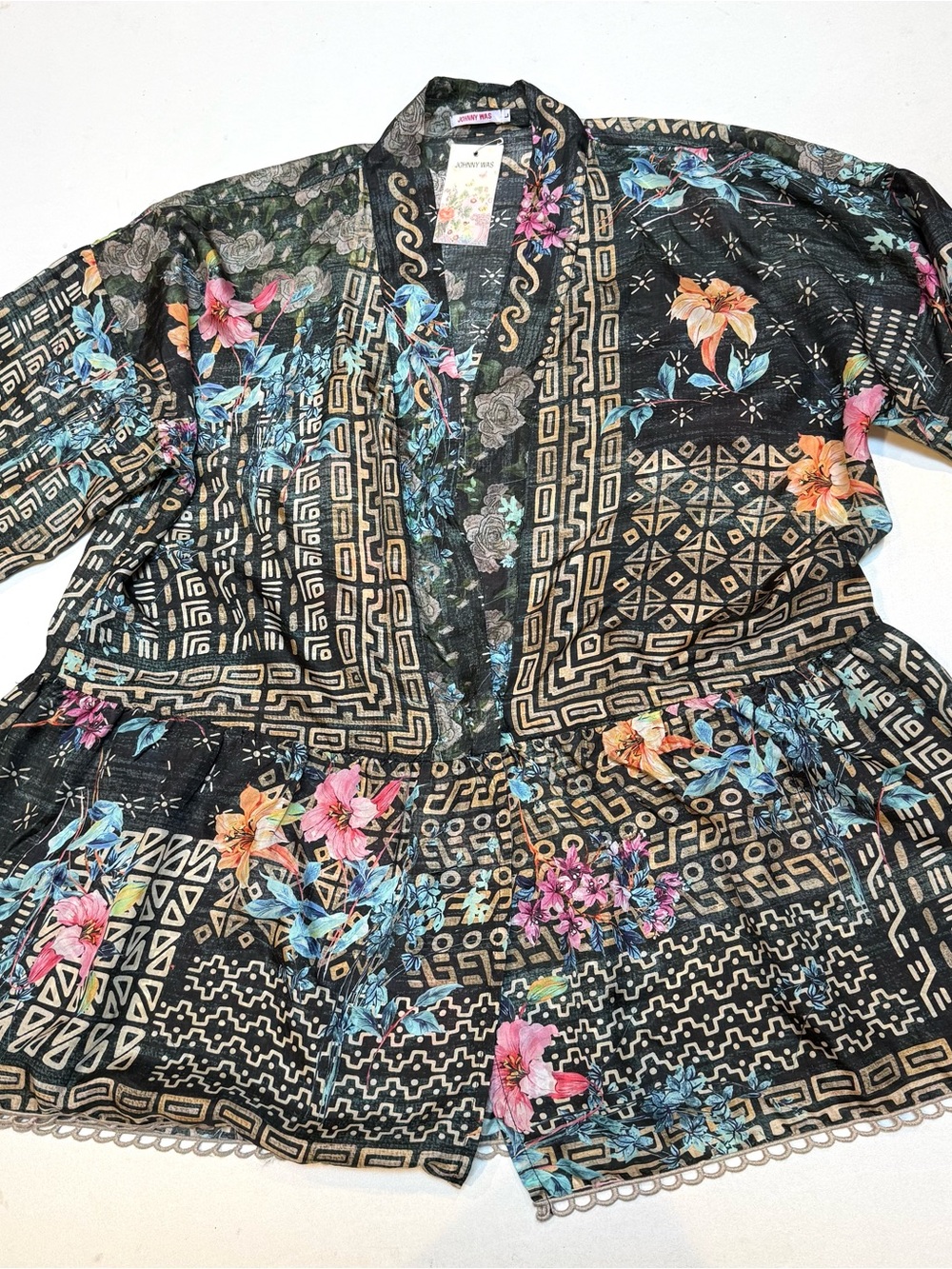 Johnny Was Black Open-Front Floral Kimono Jacket